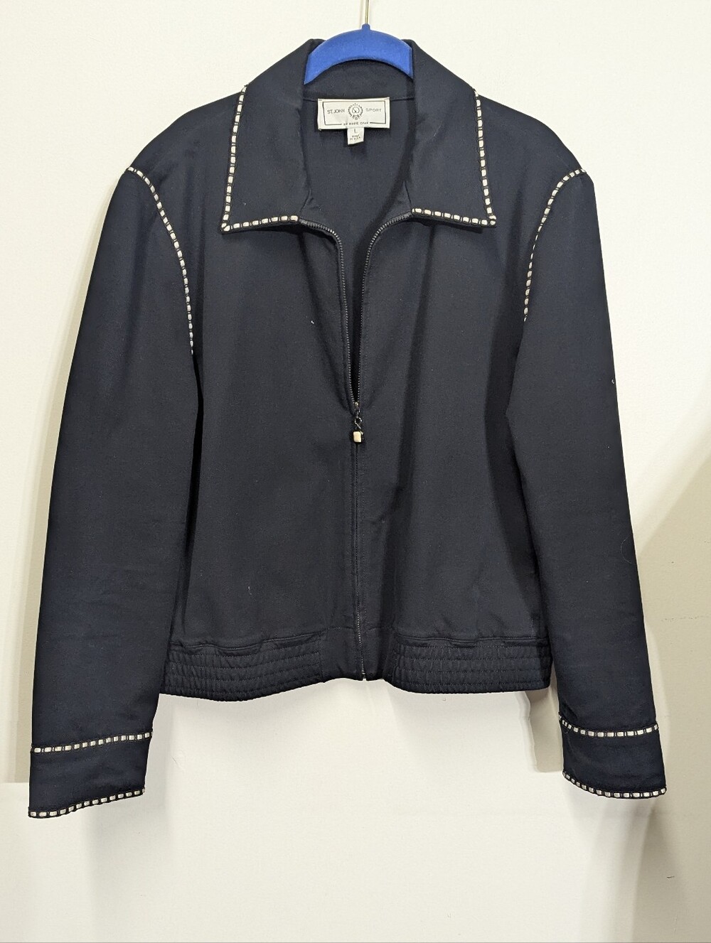 St John Sport Black Canvas Bomber Jacket Zip Front Elastic Waist L